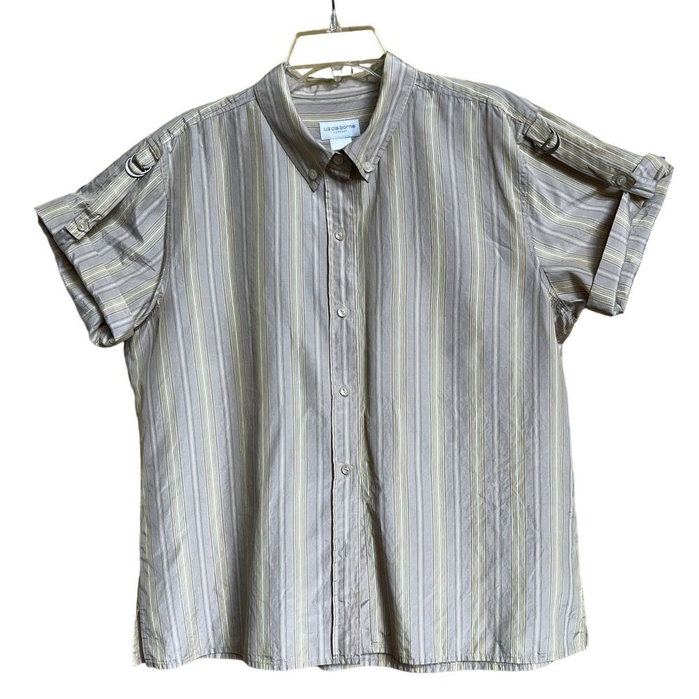 Liz Claiborne Lizsport Women XL Striped Button-Up Shirt 70% Silk 30% Cotton SEE